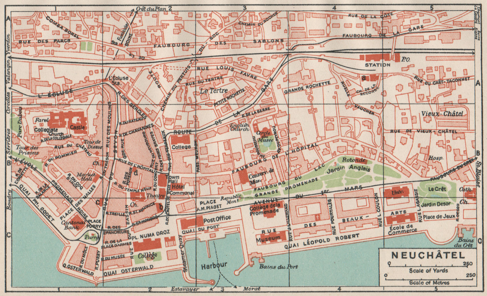NEUCHÂTEL. Vintage town city map plan. Switzerland 1930 old vintage chart